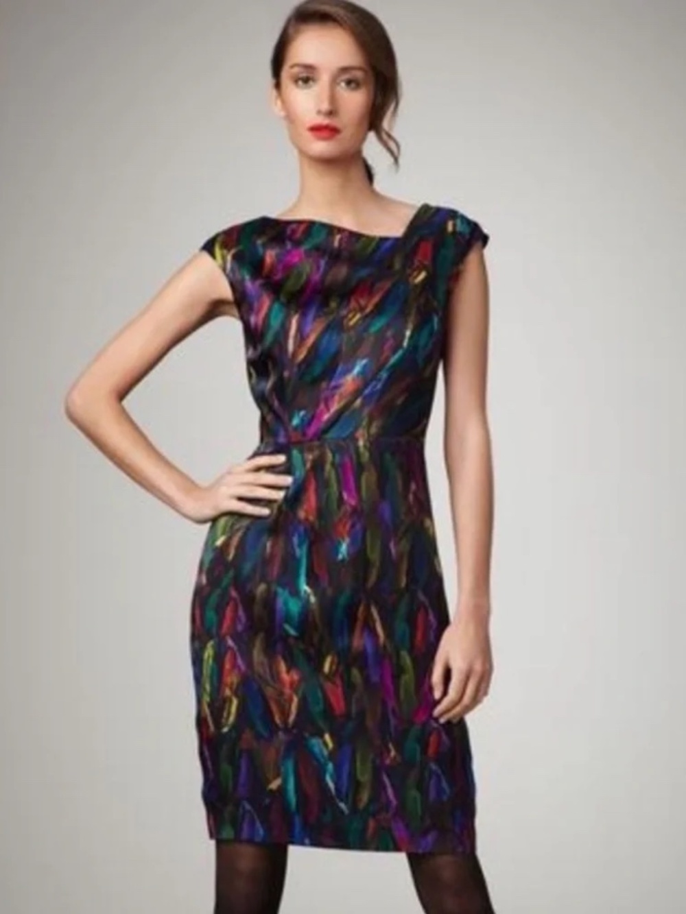 Black Milly Silk Dress with Rainbow Color Feathers 2